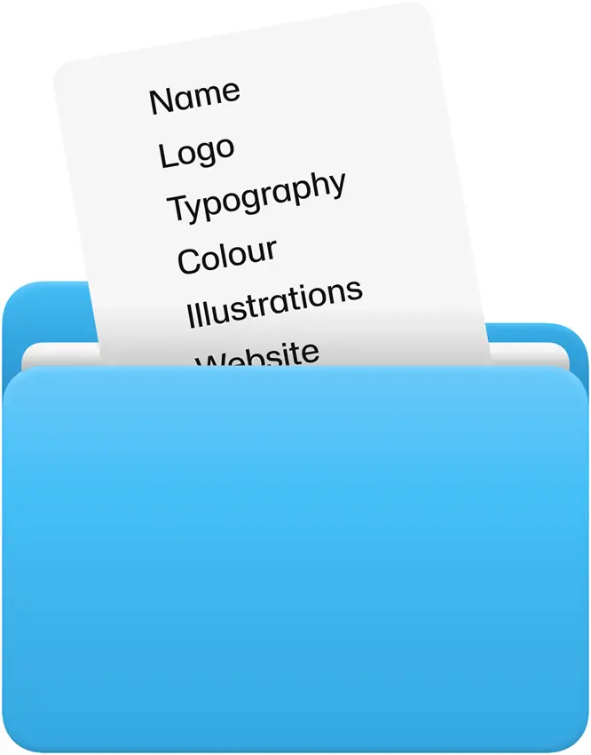 Illustration of a folder containing brand assets, including logo, typography, color palette, illustrations, and website elements.