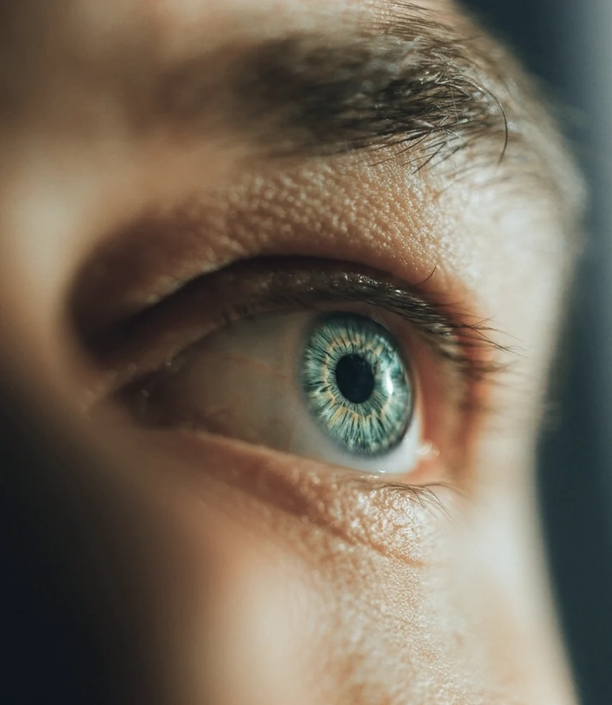 Close-up of a blue-green human eye with detailed iris and textured skin.