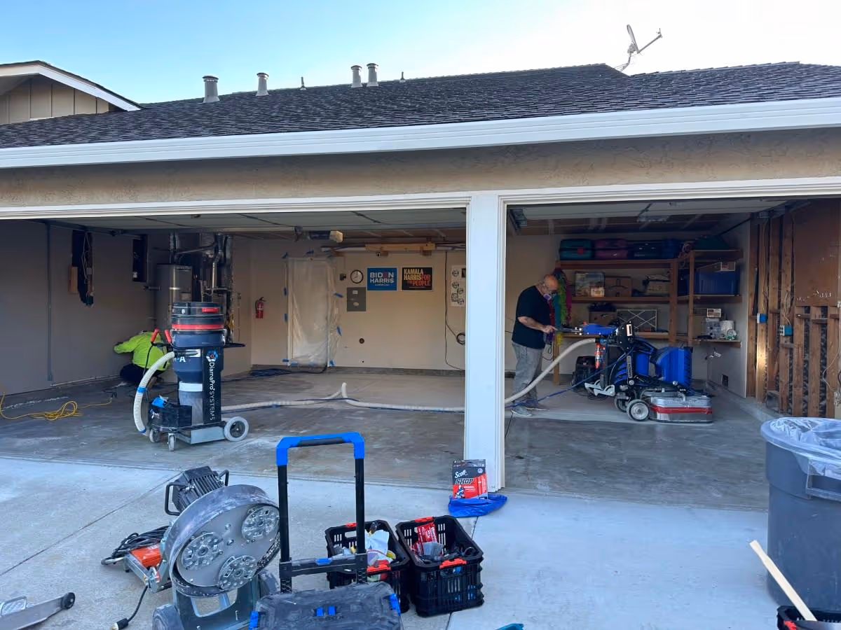 Garage floor preparation with dust-extracted grinding equipment