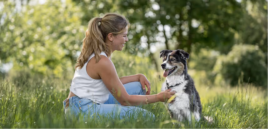 Woman sitting in grass outdoors petting a black and white happy dog with its tongue out.