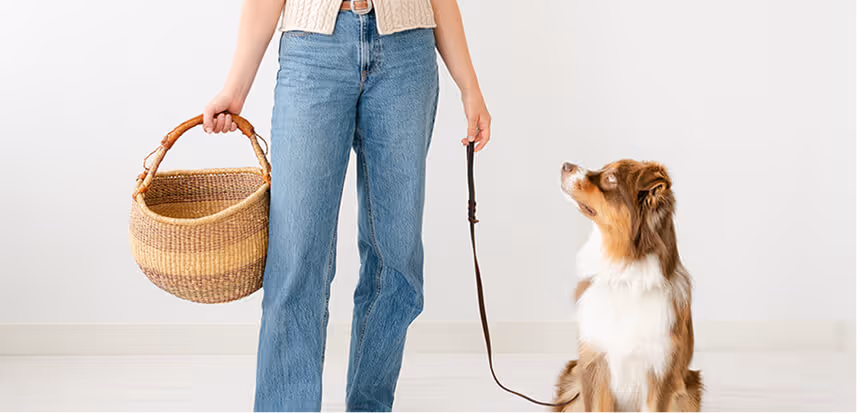 Person standing holding basket in one hand and dog leash in the other with a dog sitting and looking up.