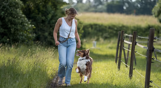 Woman in white tank top walking with a happy border collie on a grassy path beside a fence.