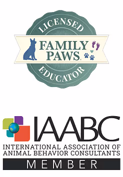 Licensed Family Paws Educator badge above International Association of Animal Behavior Consultants member logo.