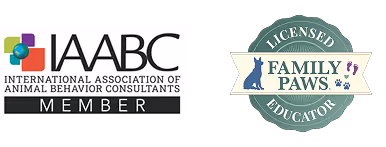 Logos of IAABC member and Licensed Family Paws Educator certifications.