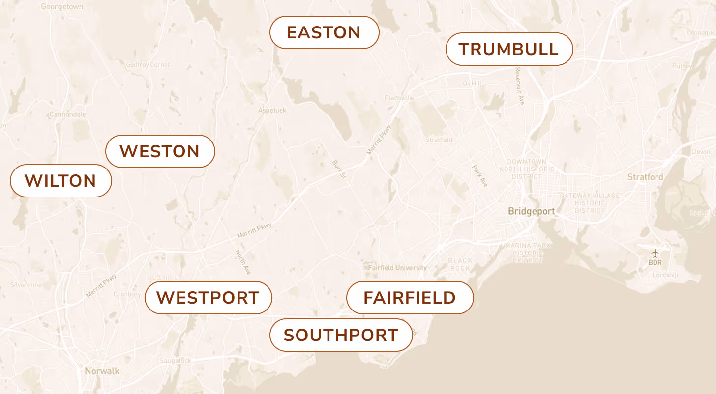Map showing Fairfield County towns: Trumbull, Easton, Weston, Wilton, Westport, Fairfield, Southport near Bridgeport.