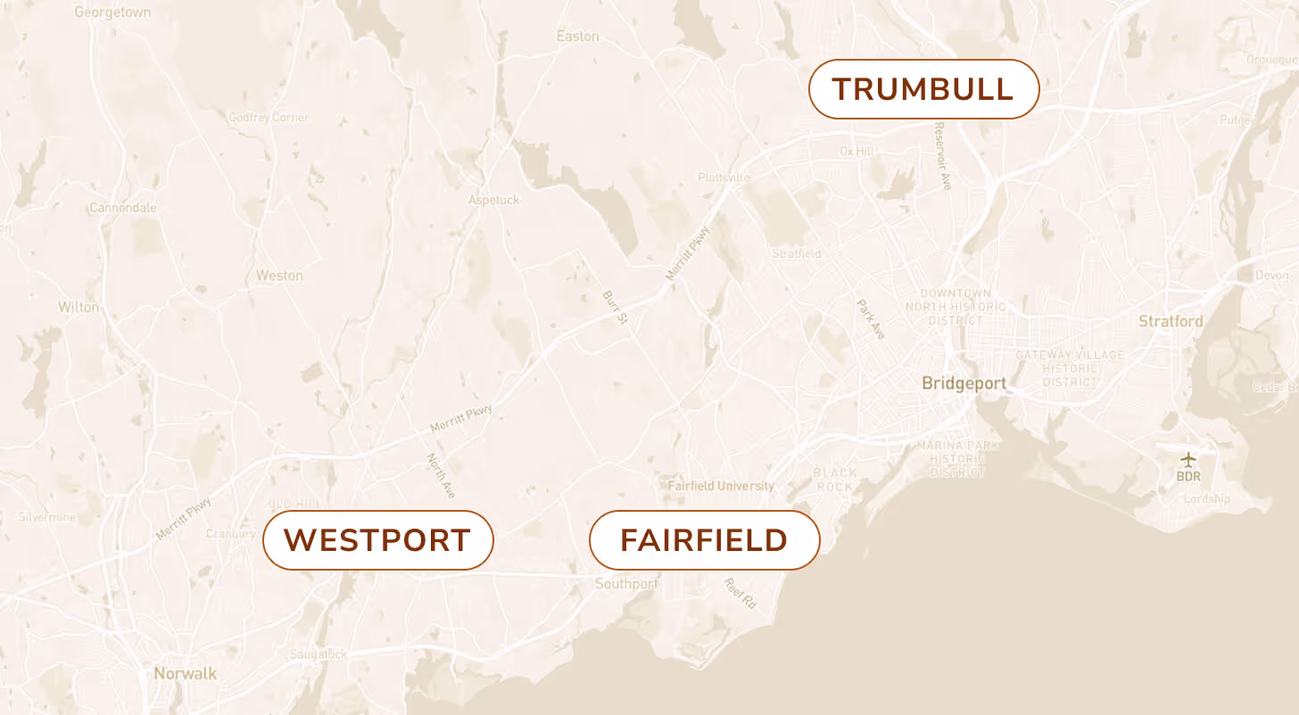 Map showing labeled locations: Easton, Trumbull, Weston, Wilton, Westport, Fairfield, Southport in Connecticut.