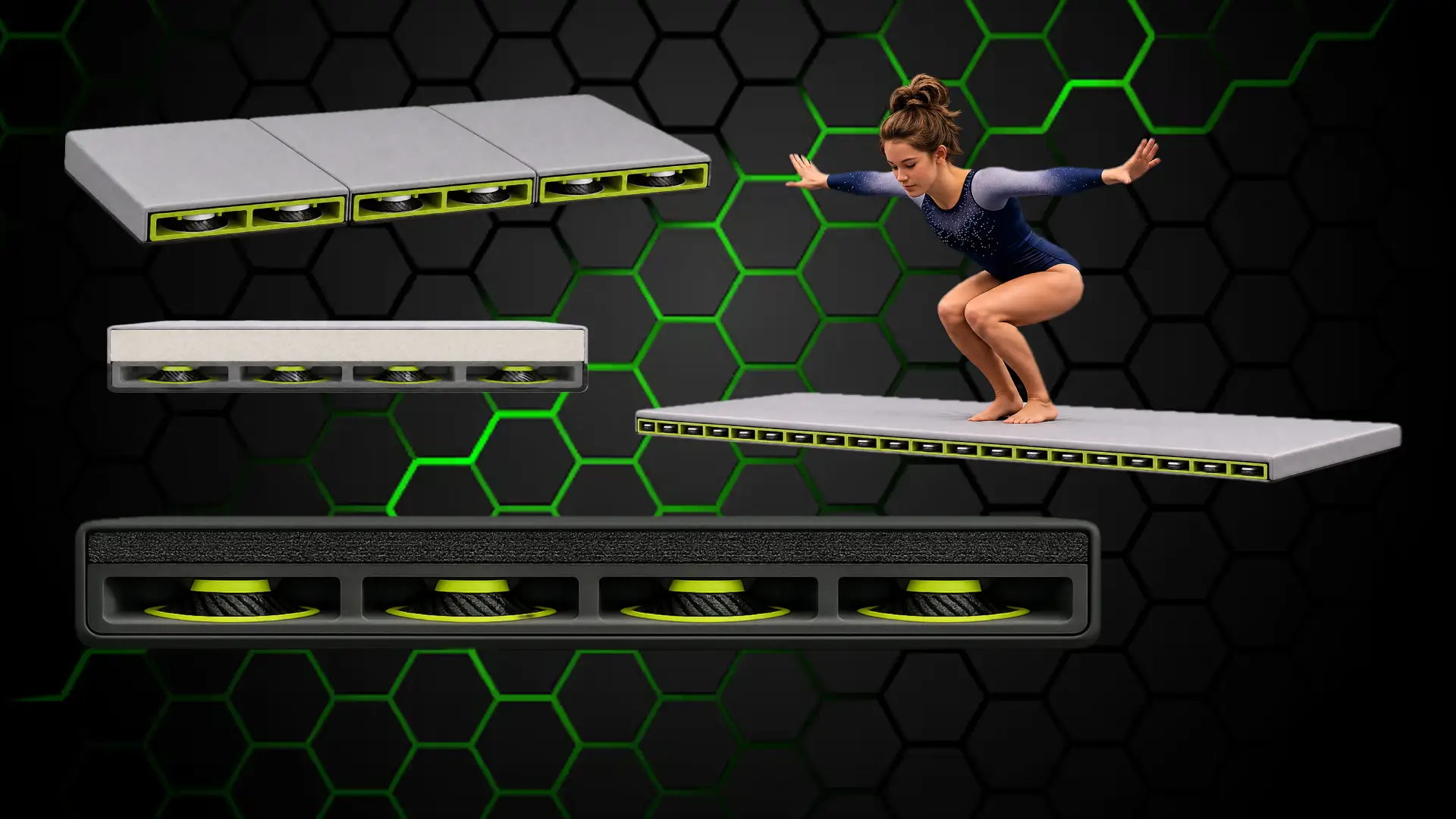 A gymnast landing on a mat, and cut-away views of the mat showing discs built inside to absorb and distribute force