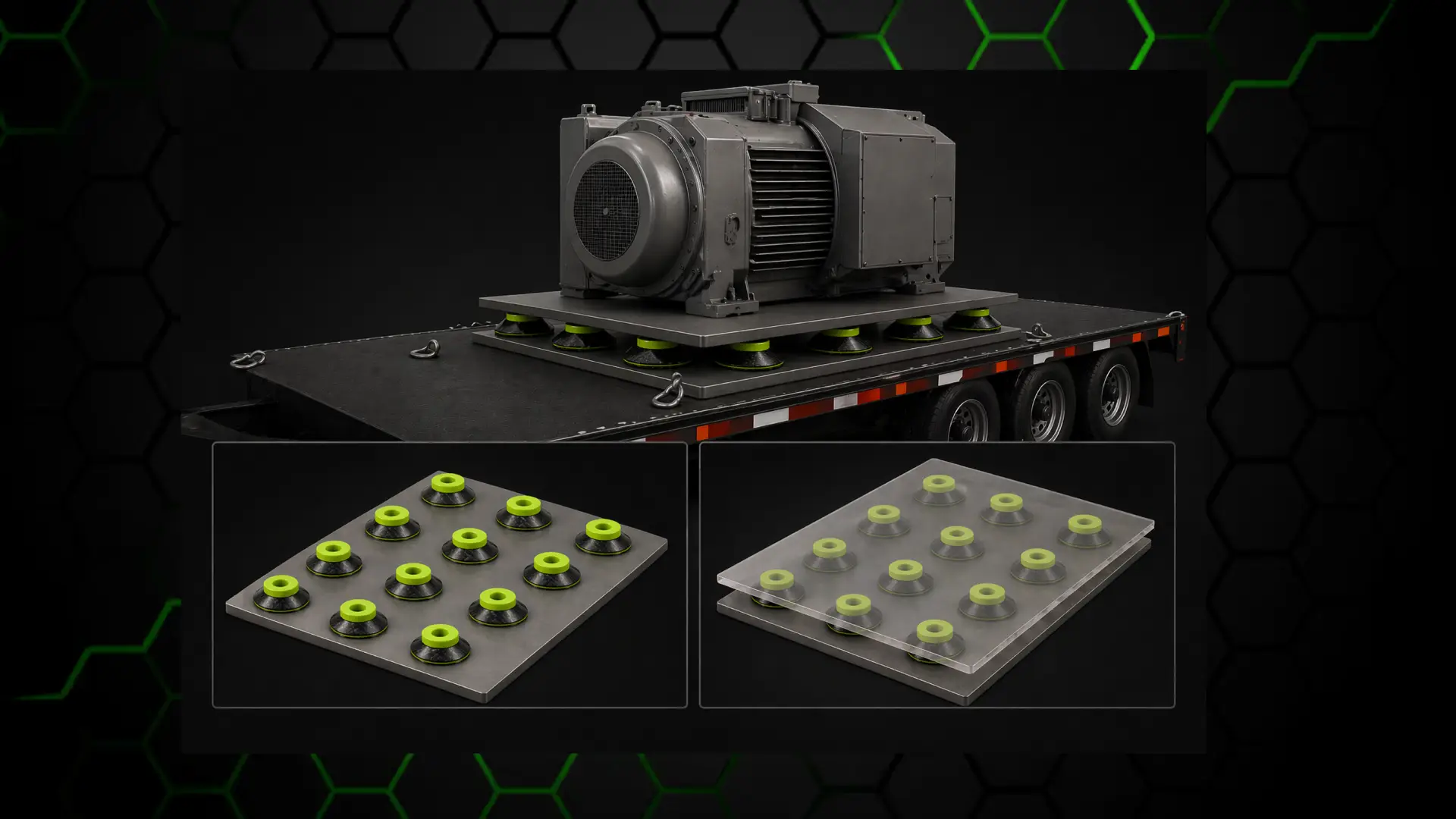 A flatbed trailer for a truck hauling a sensitive piece of equipment