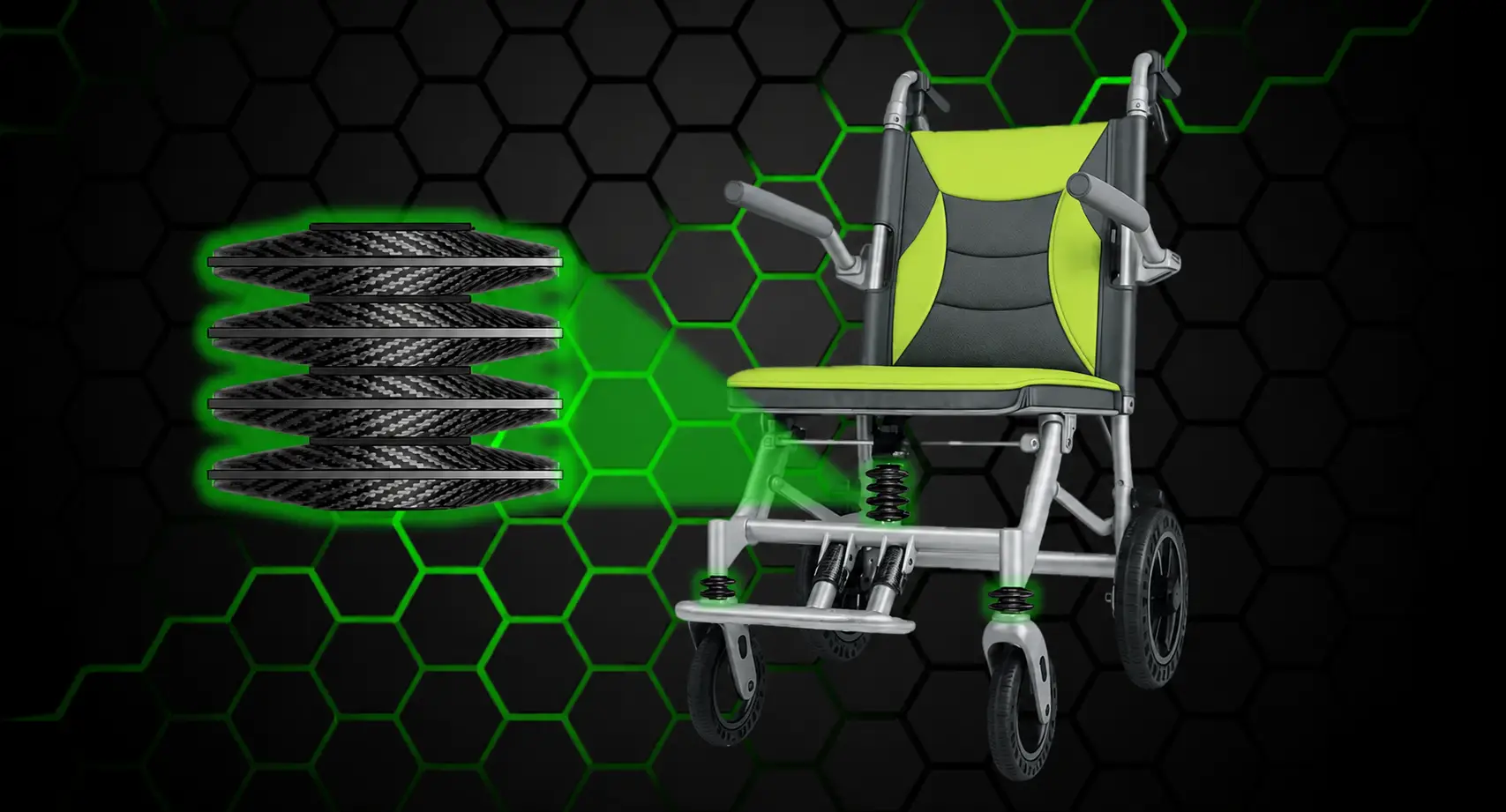 A wheelchair with shock-absorbing technology limiting negative impact to users