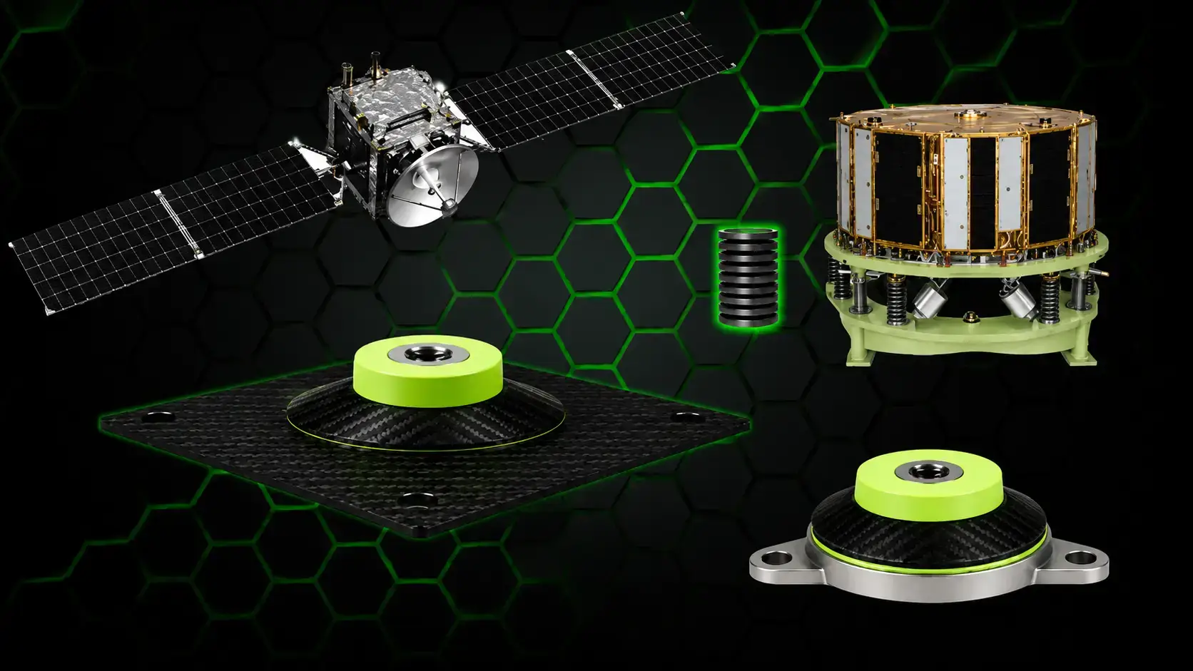 Concept art of a satellite and its components with StrainVector Control Technology being used