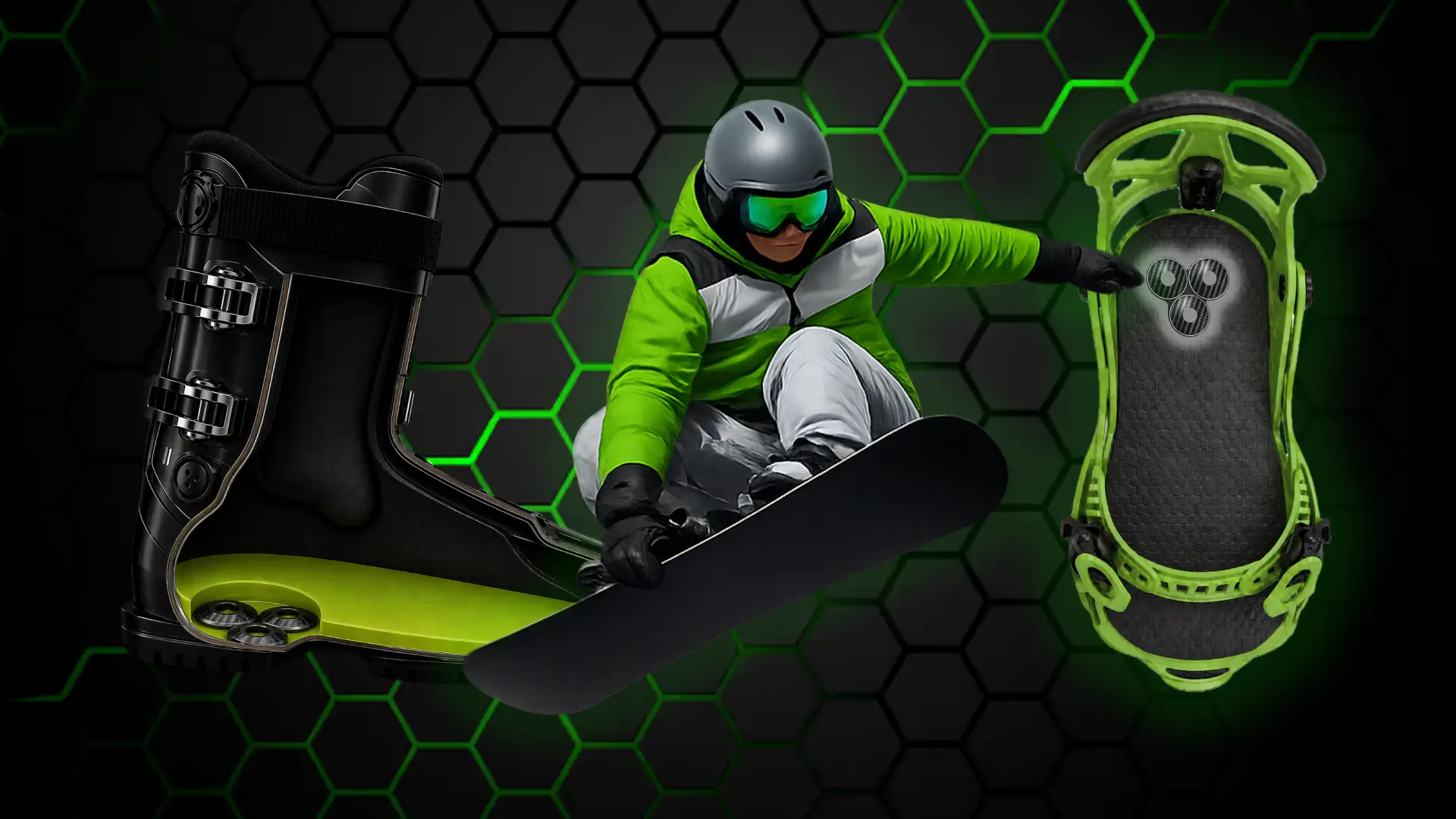 A person on a snowboard, a boot, and a finger board