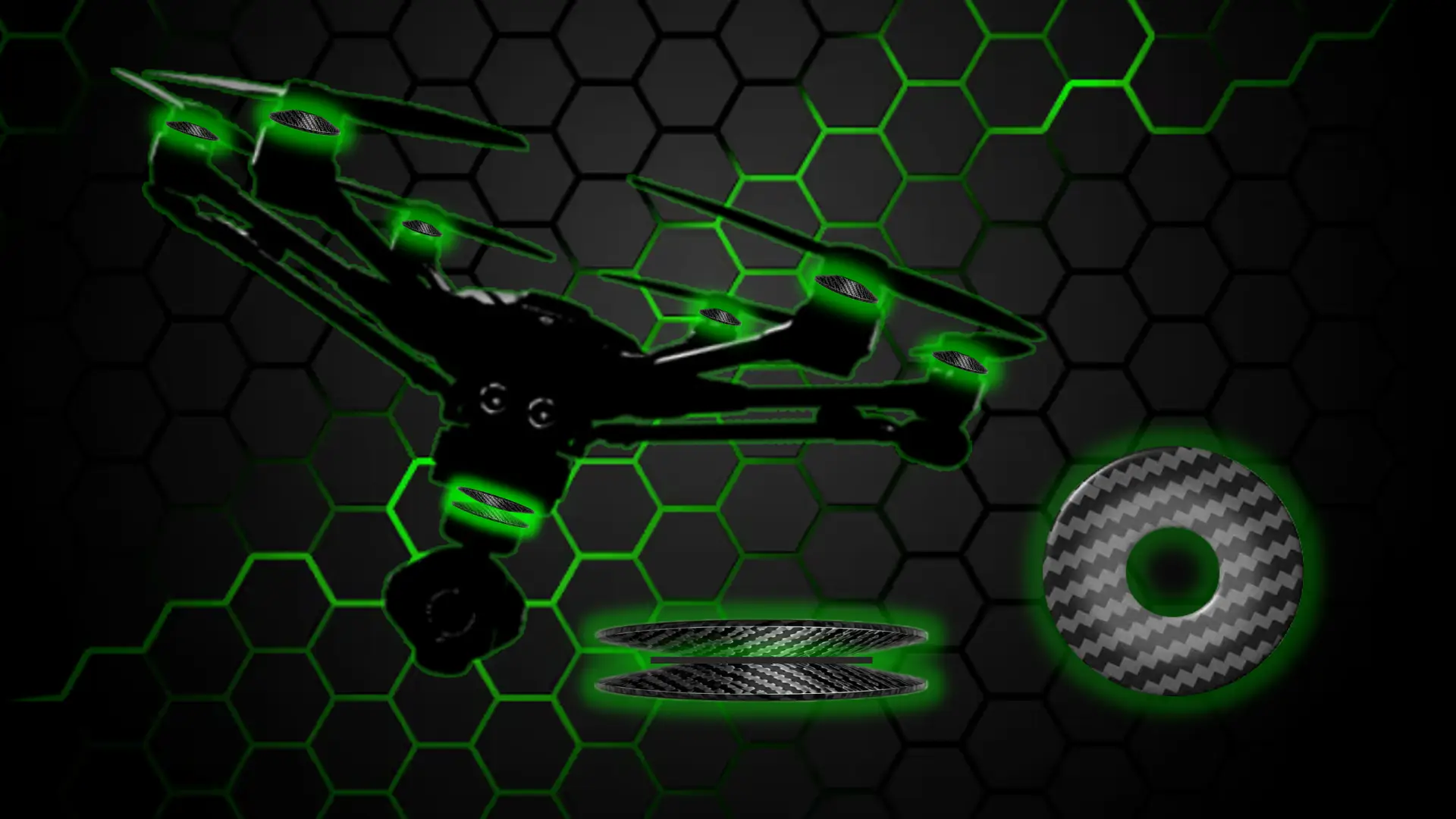 A quaddrone with discs in fluroscent green below the propellers and a close up of a shock-absorbing disc
