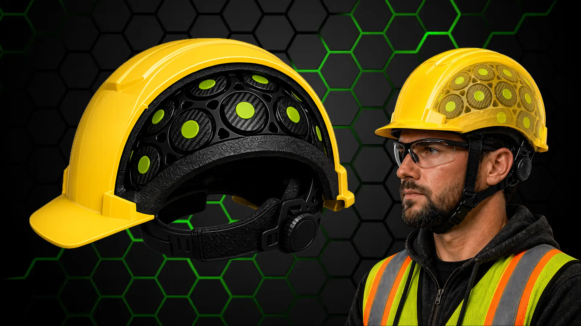 A safety helmet with discs mounted inside the helmet to absorb shock