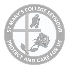 Seal of St Mary's College Seymour with a cross, praying hands, and a rose inside a circle with the text 'St Mary’s College Seymour Protect and Care for Us'.