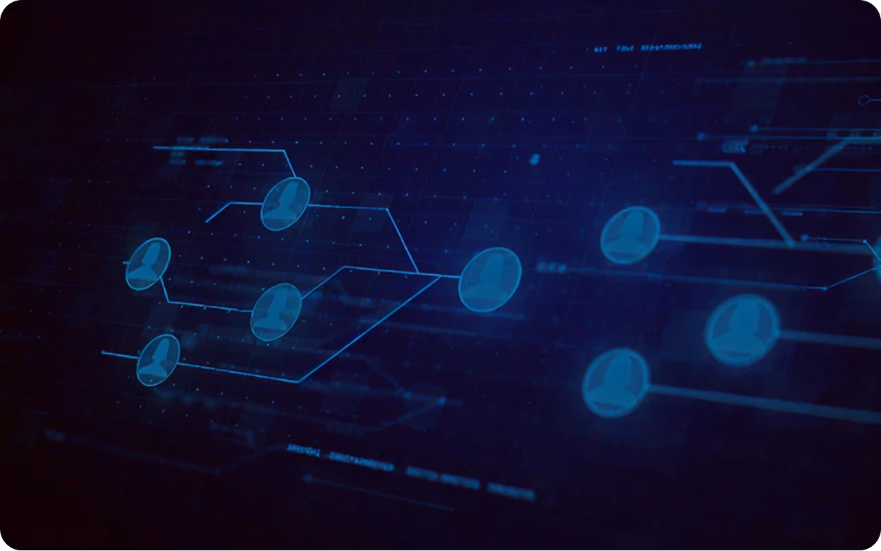 Digital network visualization with connected user icons on a dark blue grid background.