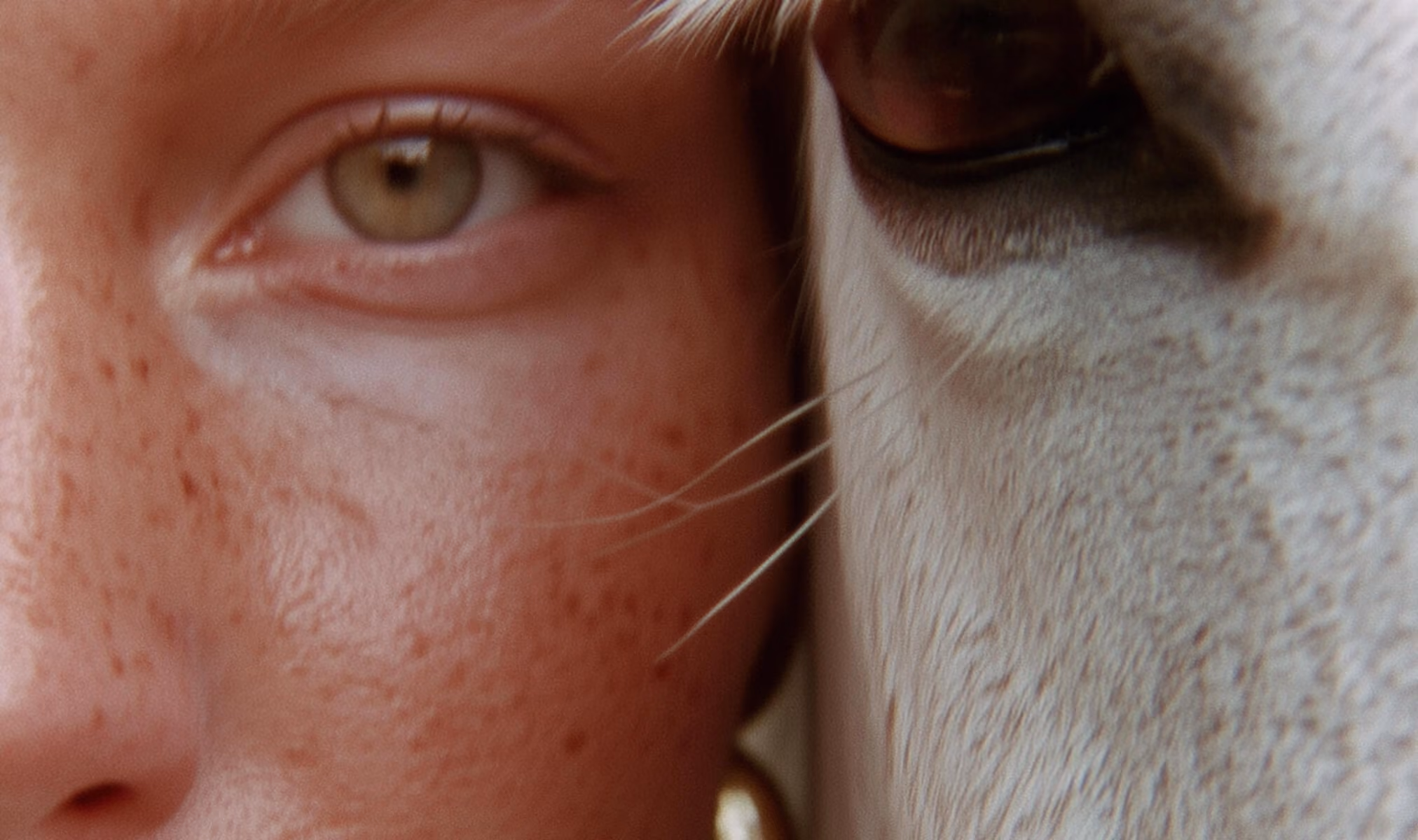 Close-up of a person's freckled face next to a white horse's face, both showing one eye.