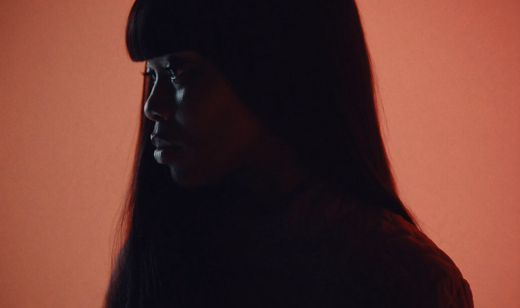 Silhouette of a woman with long hair and bangs against a reddish-orange background.