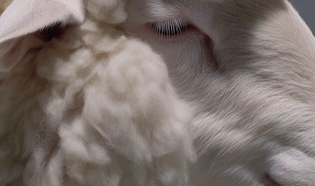 Close-up of a sheep’s face showing wool, eye with long lashes, and ear.