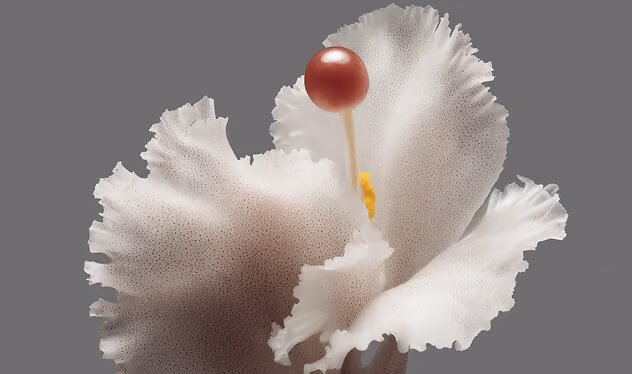 Close-up of a white flower with delicate, ruffled petals and a single red-tipped stamen.