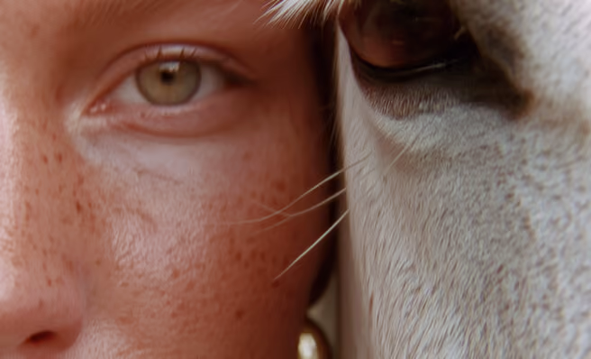 Close-up of a person's freckled face next to a horse's eye and muzzle.