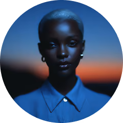 Portrait of a person with short gray hair wearing a blue collared shirt at sunset.