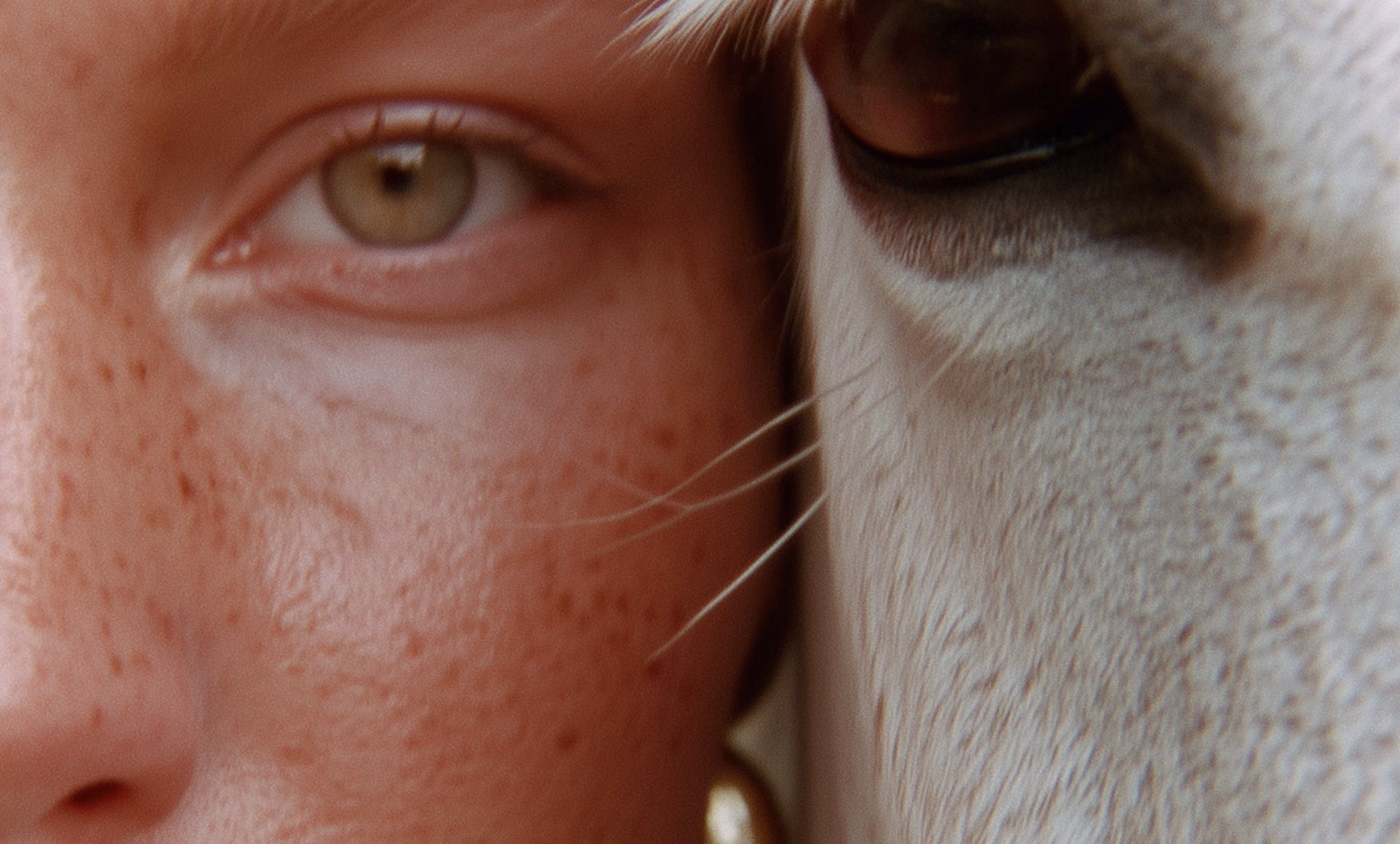 Close-up of a person's freckled face next to a white animal's face, showing both eyes and whiskers.
