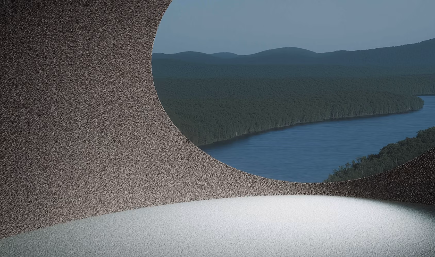 View of a river flowing through forested hills seen through an oval window inside a textured room.