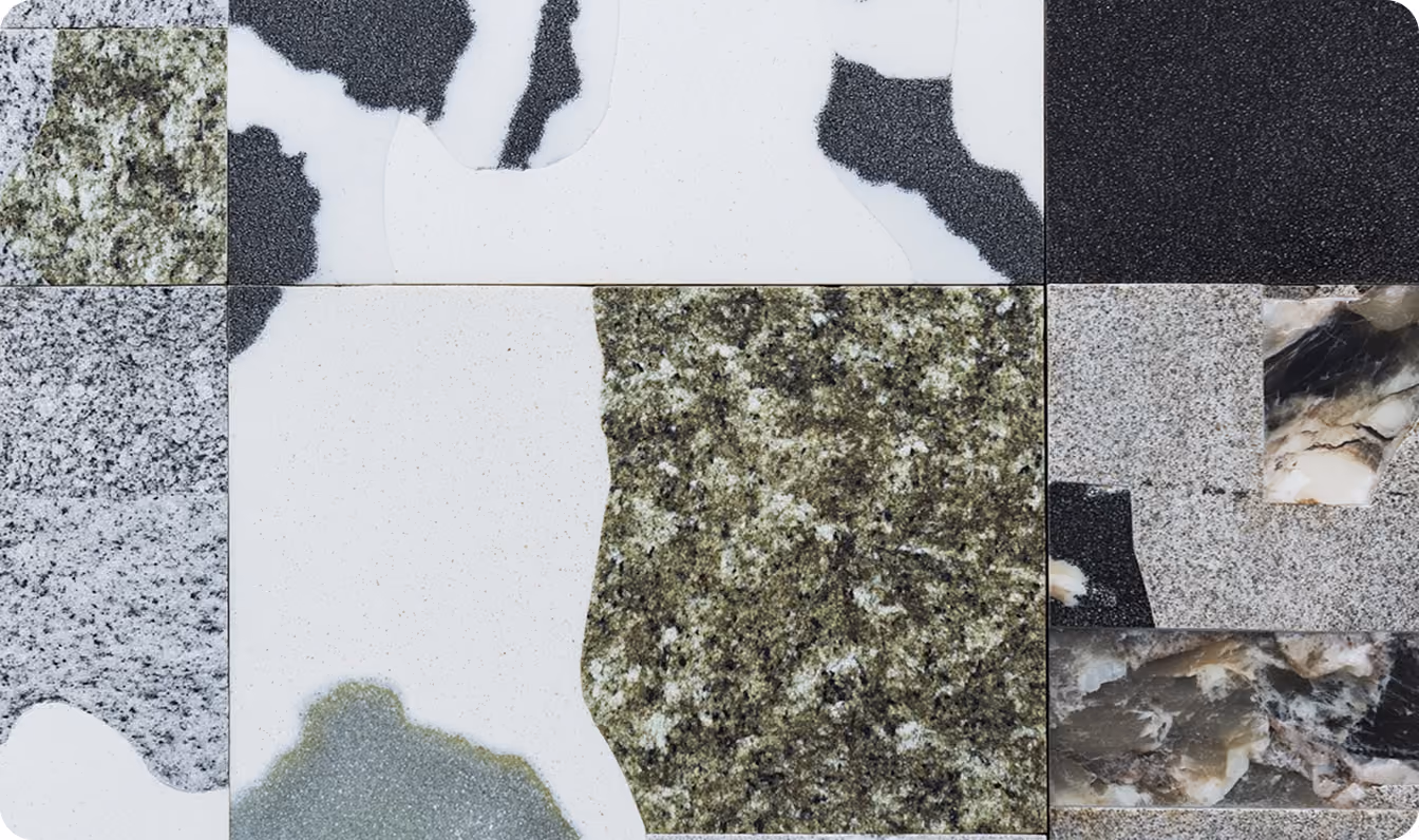 Collage of different granite tile samples with varied textures and colors, including green, black, white, and gray.