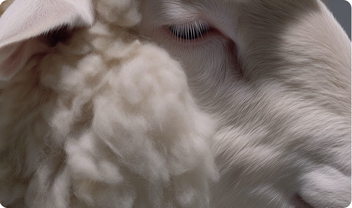 Close-up of a white sheep's face with curly wool and detailed eyelashes visible.