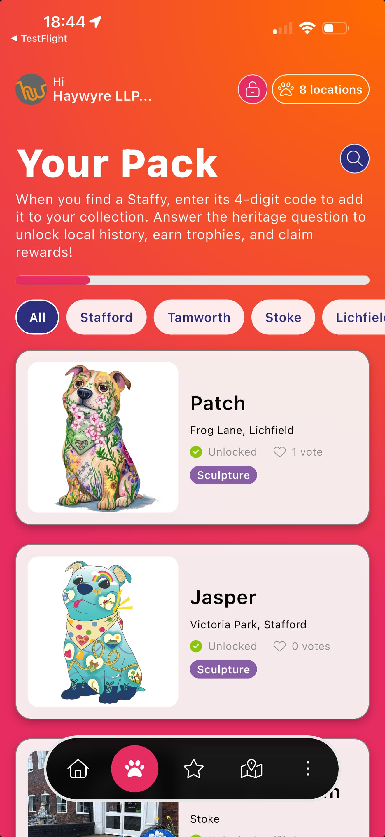 Staffy Trail app — trail overview