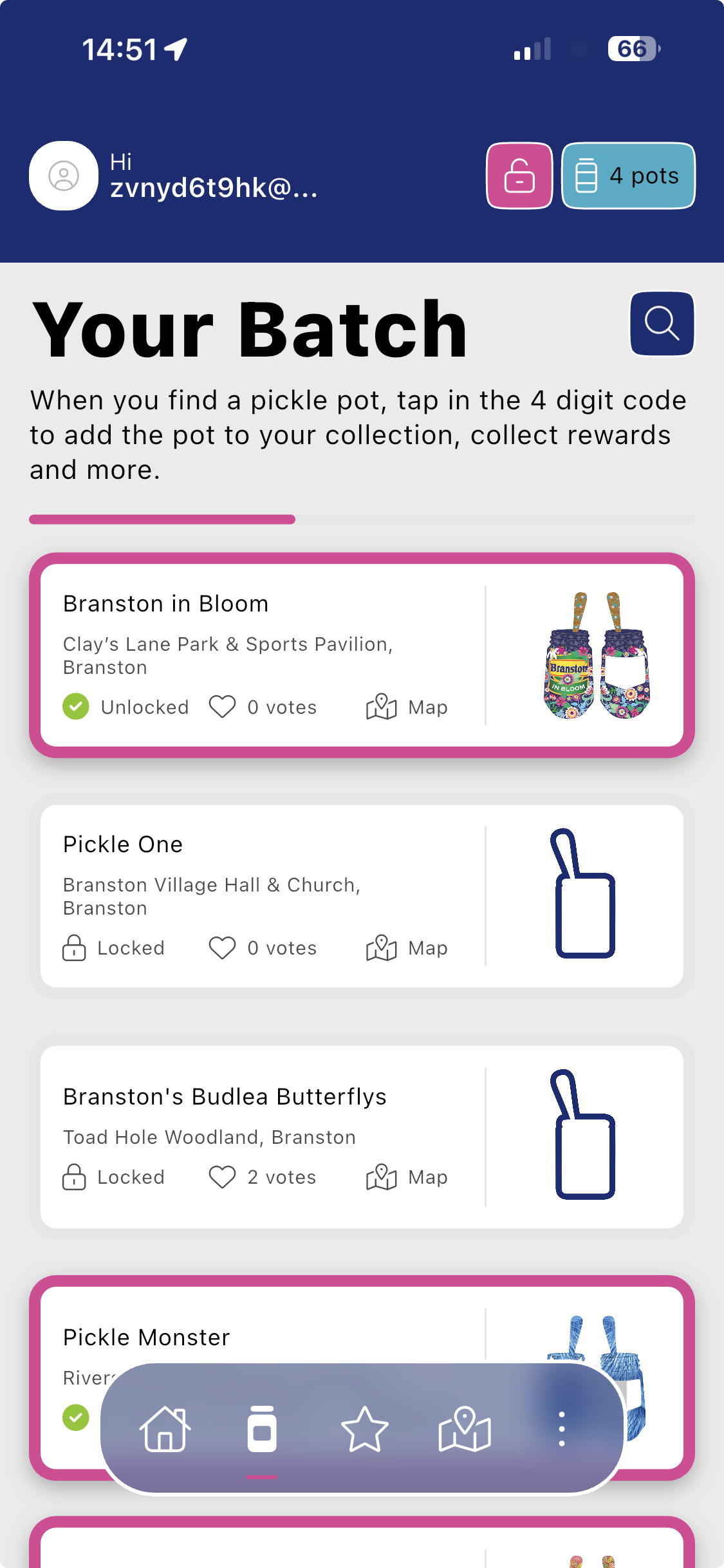 Branston Pickle Pots Trail app screen, showing your batch of collected pots