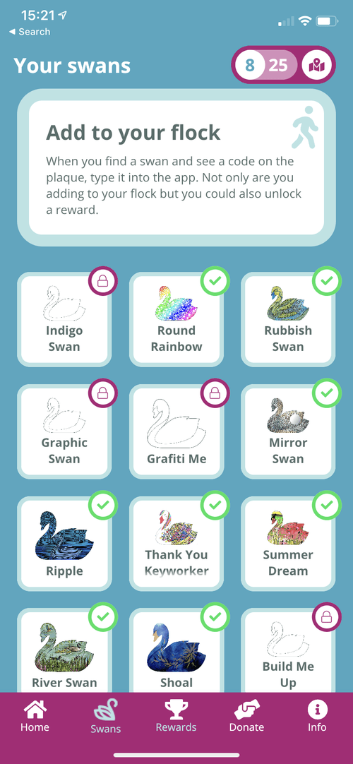 Your swans screen from the Burton Swans app, showing collected swan designs