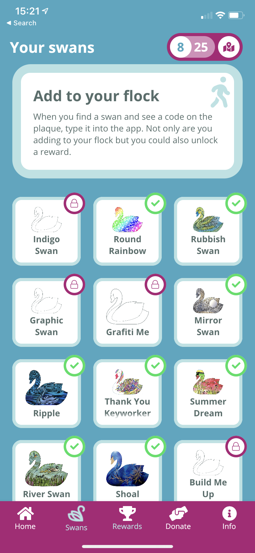 Your swans screen from the Burton Swans app, showing collected swan designs
