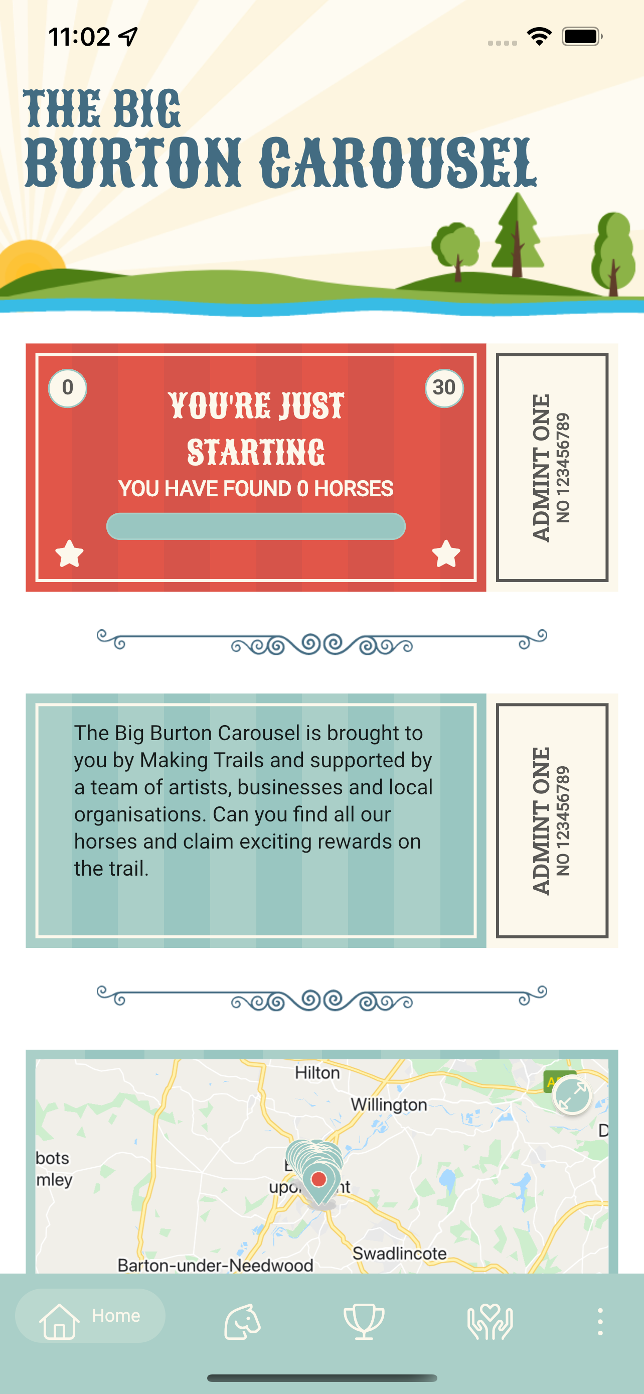 The Big Burton Carousel app screen, tracking horses found on the trail