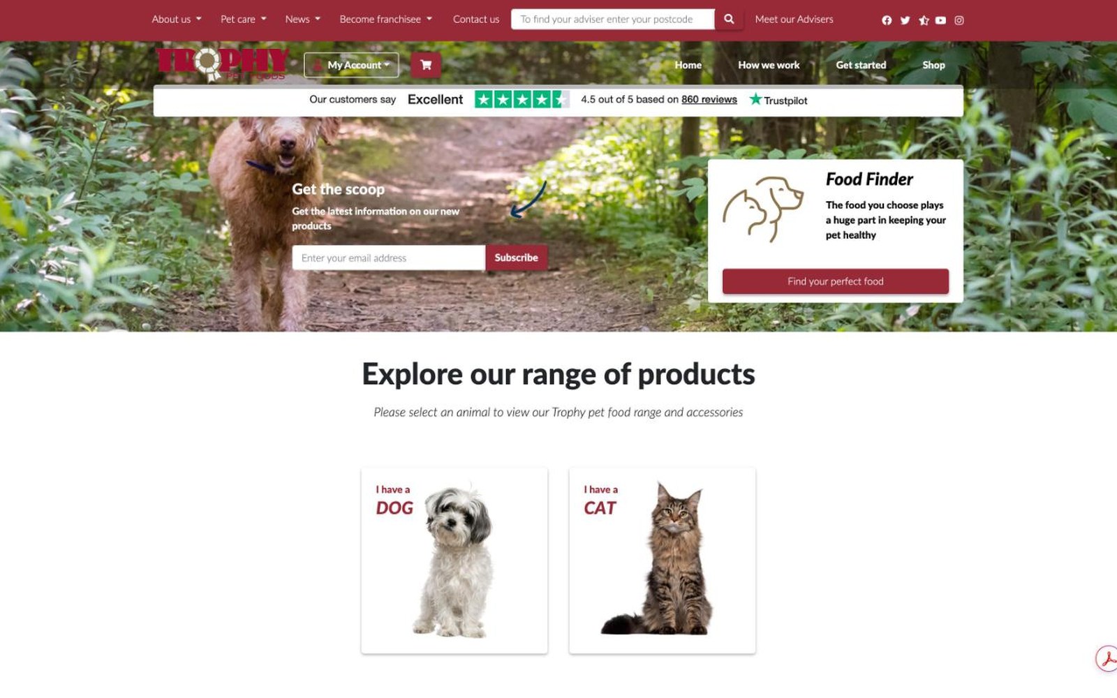 The Trophy Pet Foods website, showing the Food Finder and the start of the three-click ordering journey