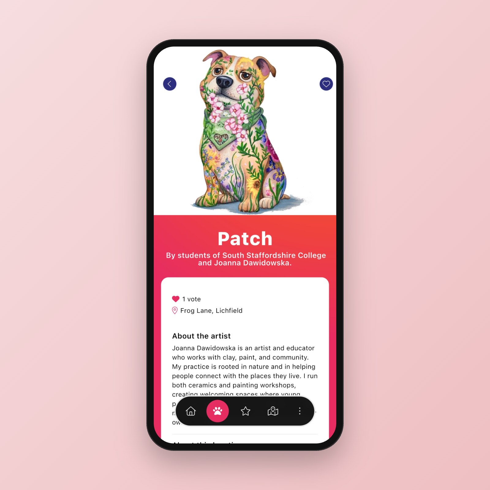Staffy Trail app showing the Patch sculpture page