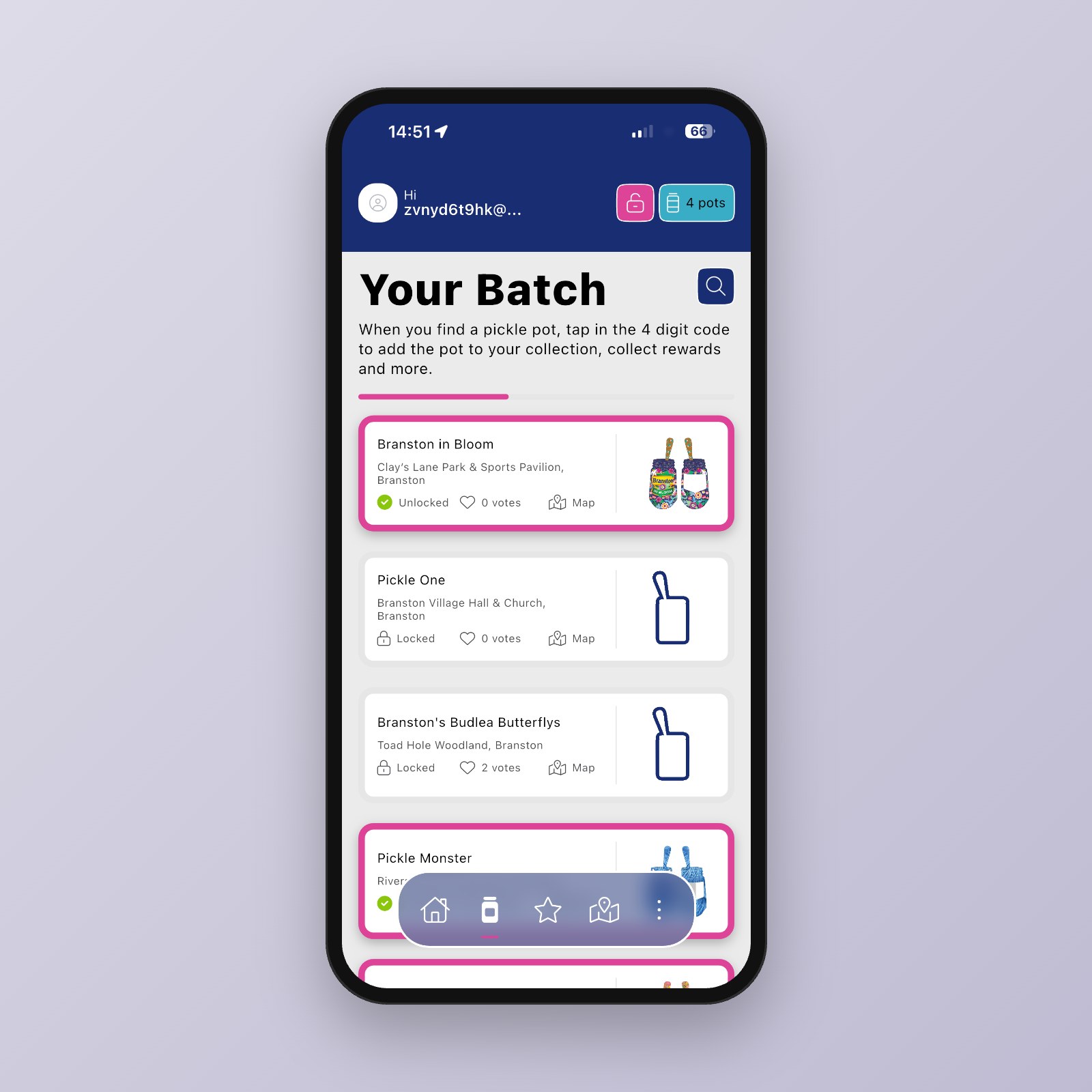 Branston Pickle Pots Trail app, Your Batch collection screen