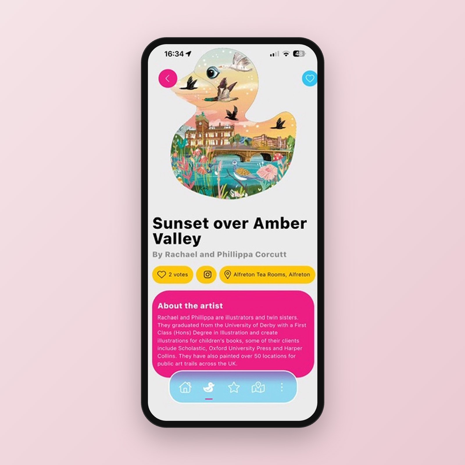 Ay Up Me Duck Trail app showing the Sunset over Amber Valley sculpture page
