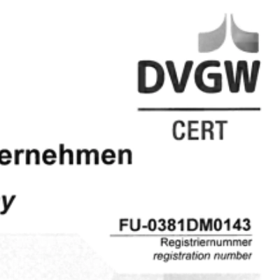 DVGW-Zertifikat mit Registriernummer FU-0381DM0143.
