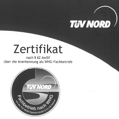 TÜV NORD Zertifikat zur Anerkennung als WHG-Fachbetrieb gemäß § 62 AwSV mit TÜV NORD Fachbetrieb nach WHG Siegel.