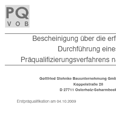 PQ VOB Logo over partial view of a German certificate for a prequalification procedure dated 04.10.2009, issued to Gottfried Stehnke Bauunternehmung GmbH.