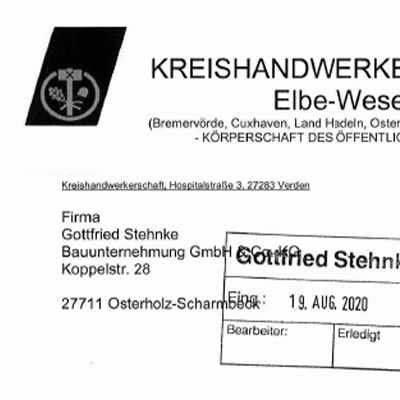 Briefkopf der Kreishandwerkerschaft Elbe-Weser mit Firmenadresse von Gottfried Stehnke Bauunternehmung GmbH und einem Stempel vom 19. August 2020.