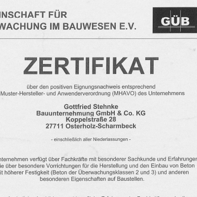 Zertifikat der Gesellschaft für Überwachung im Bauwesen e.V. für das Unternehmen Gottfried Stehnke Bauunternehmung GmbH & Co. KG in Osterholz-Scharmbeck.