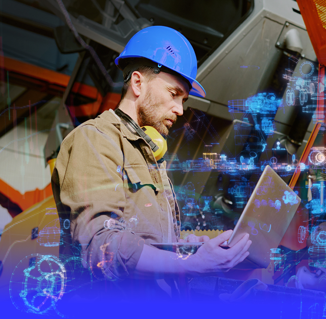 Male engineer wearing a blue hard hat and yellow ear protection, using a tablet with digital industrial holograms around him.
