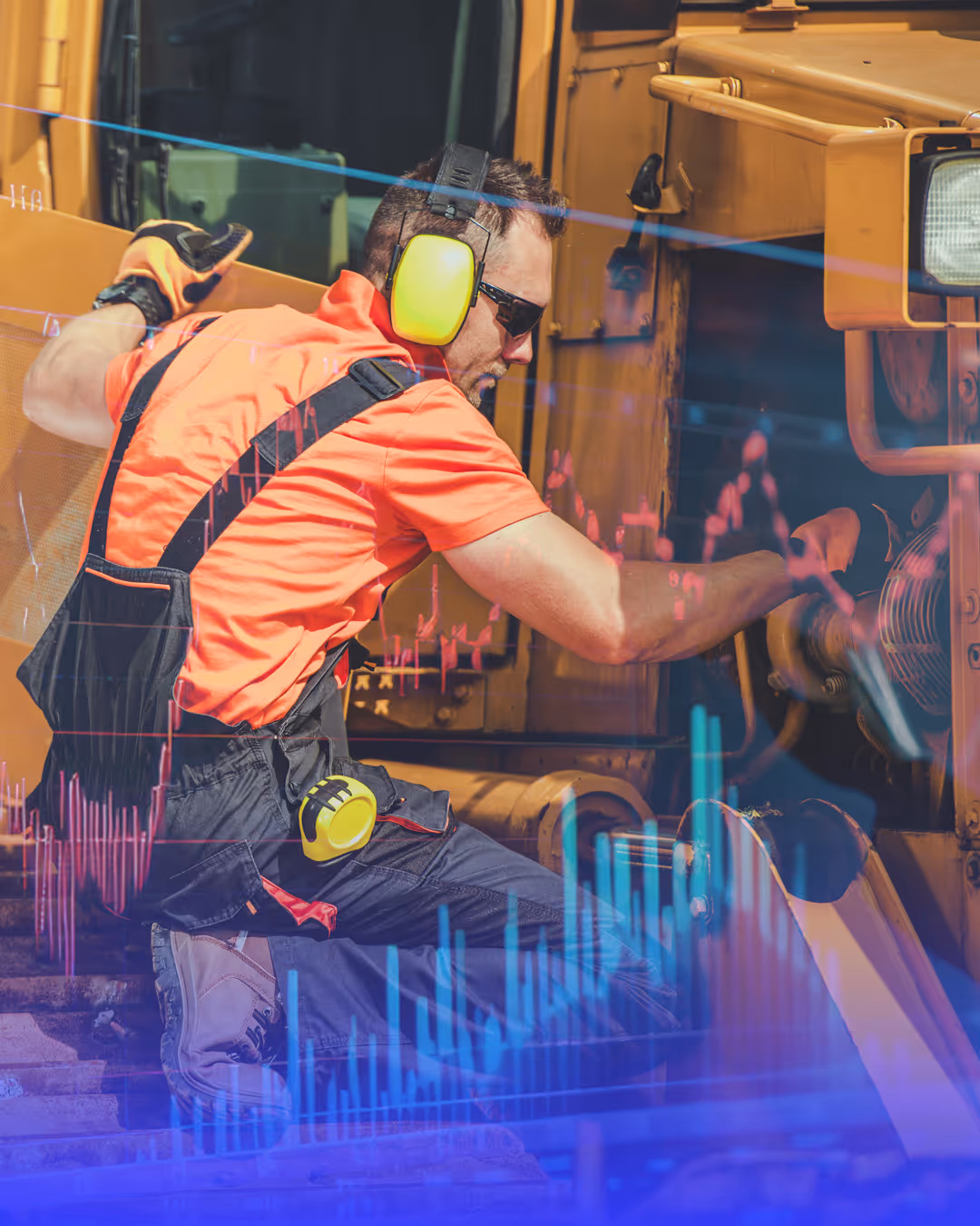 Technician in safety gear working on heavy machinery with overlaid financial graphs.