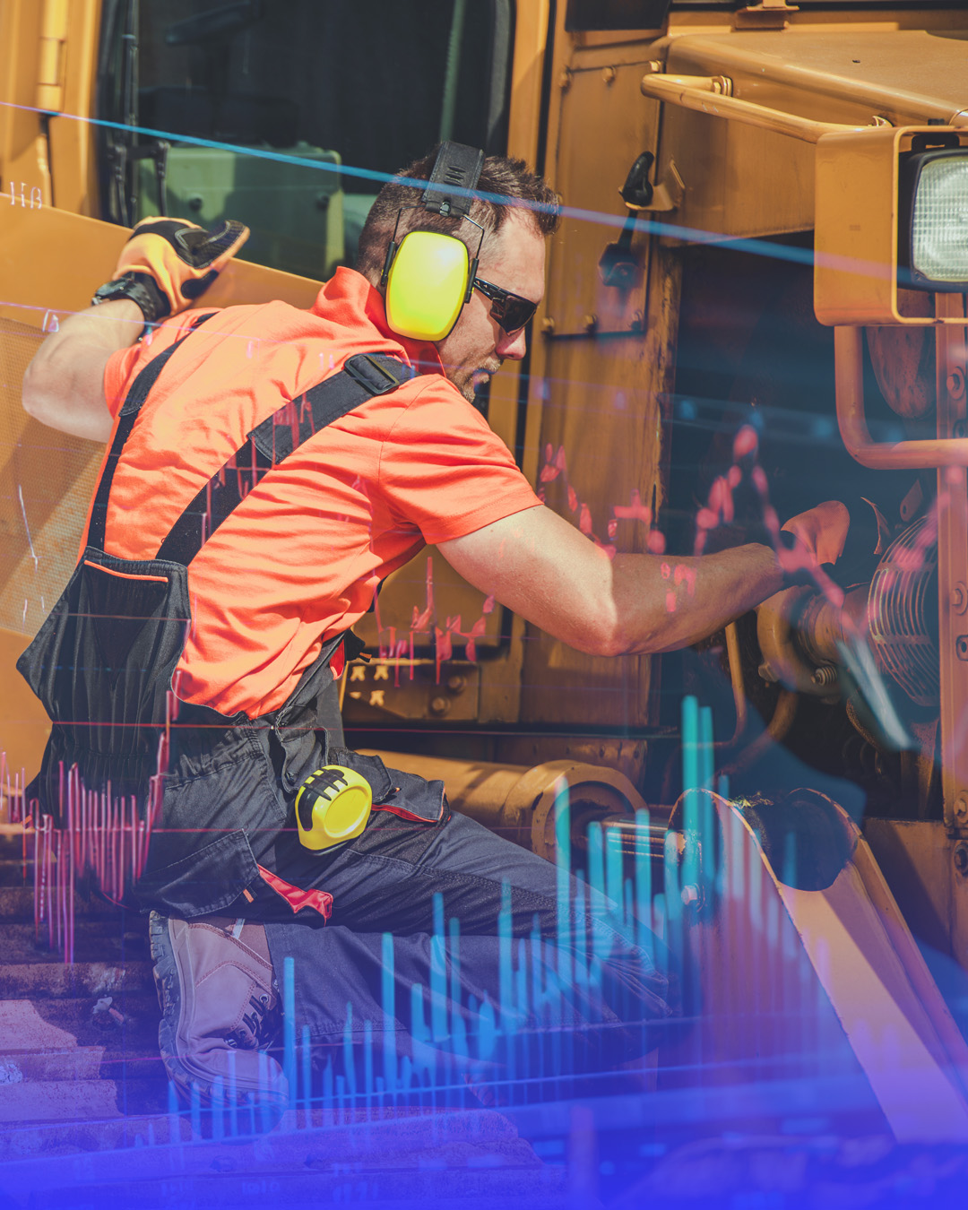 Technician in safety gear working on heavy machinery with overlaid financial graphs.