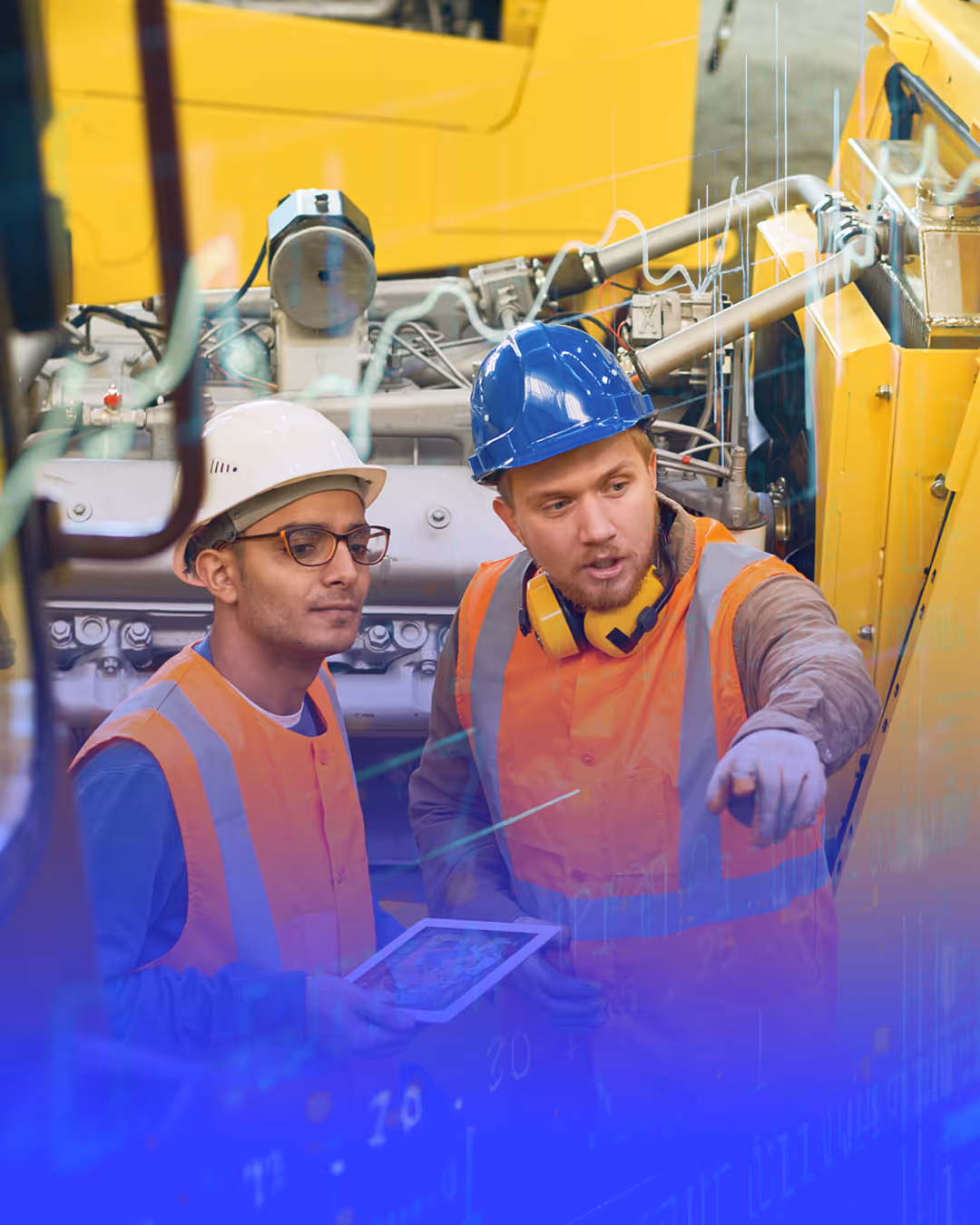 Two engineers in safety helmets and orange vests inspecting machinery, one holding a tablet and the other pointing.