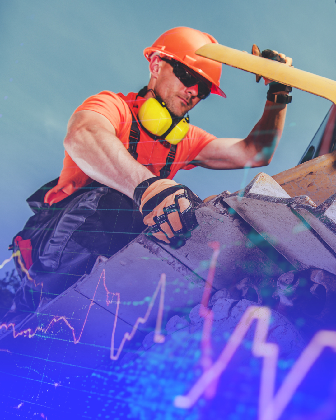 Construction worker in orange helmet and shirt inspecting heavy machinery with yellow ear protection around neck.