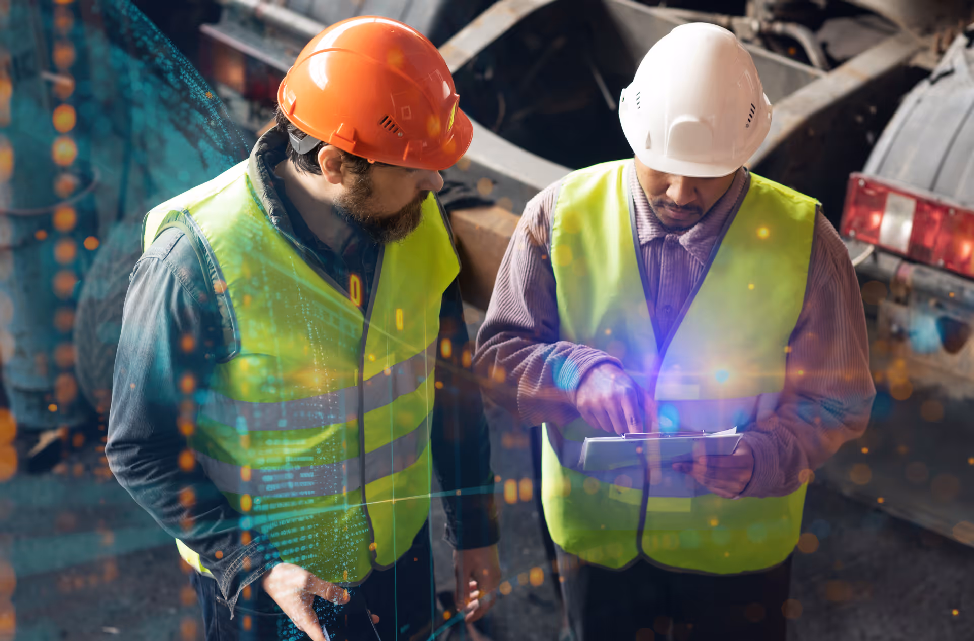 Two construction workers wearing safety vests and helmets reviewing a clipboard with digital data overlay.