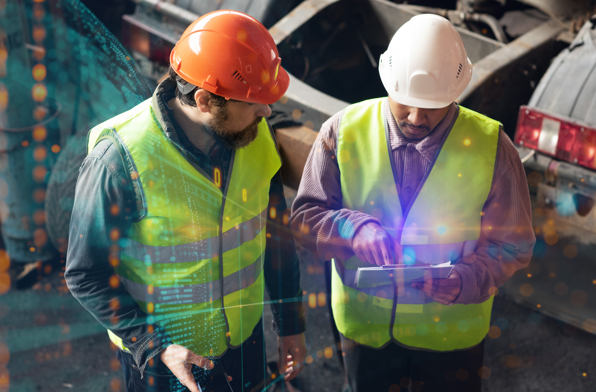 Two construction workers wearing safety vests and helmets reviewing a clipboard with digital data overlay.